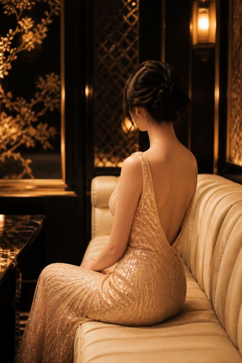源氏名「みお」のイメージ写真。金のスパンコールドレスでソファに座る後ろ姿。顔は写していない（AI生成）