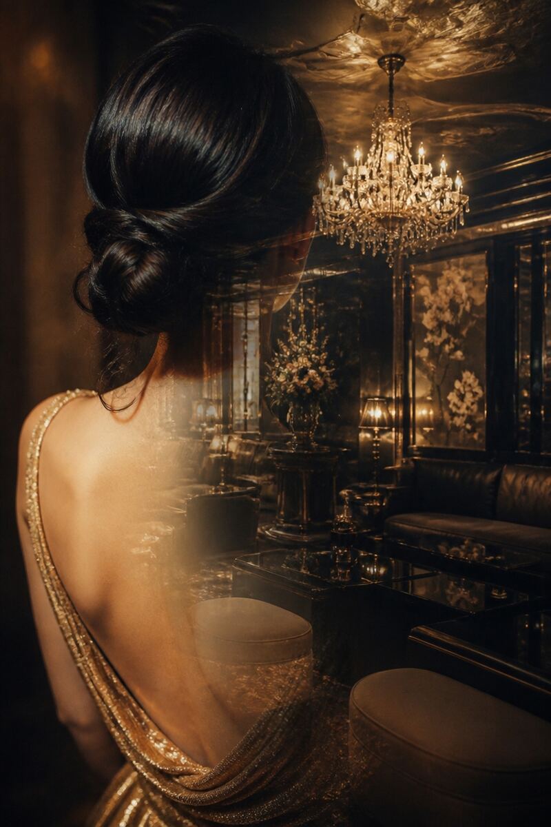 金のドレスを着たアップヘアの女性の後ろ姿に、店内のシャンデリアと席が重なるイメージ写真。顔は写していない（AI生成）